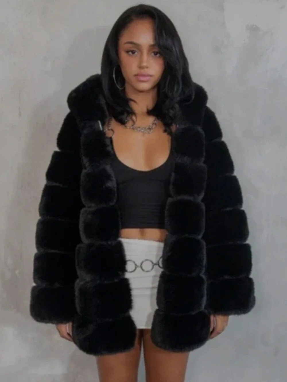 Disco Disiac Black Vegan Fur Hooded Coat with Red Lining - Women's Jacket